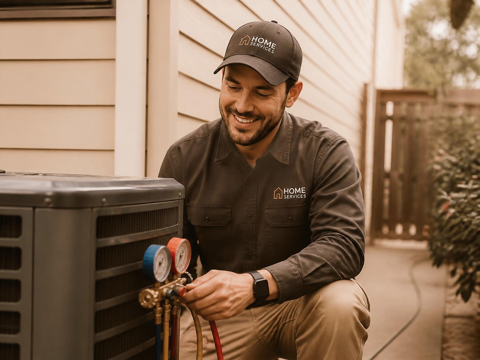 Technician servicing an outdoor air conditioning unit at a home
